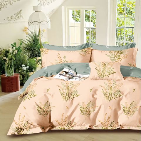 Lenjerie pat o persoana Percalle imprimat Bumbac 100%, 3 piese, cearsaf pat 160x240 cm, pilota 150x220 cm, fata perna 50x70 cm, Crengute Bej / Verde, Pucioasa