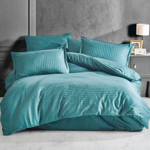 Lenjerie de pat 2 persoane Damasc linear Bumbac 100% tip Hotel cu dunga 1 cm, 4 piese, cearsaf pat 220x240 cm, cearsaf pilota 180x220 cm, 2 fete perne 50x70 cm Turcoaz