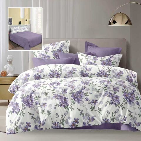 Lenjerie pat dublu Economy 4 piese, cearsaf pat 230x250 cm si pilota 200x230 cm, 2 fete perne 50x70, Flori Alb / Mov ECN43