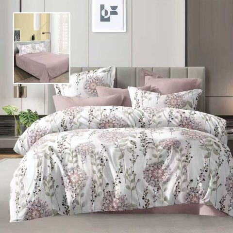 Lenjerie pat dublu Economy 4 piese, cearsaf pat 230x250 cm si pilota 200x230 cm, 2 fete perne 50x70, Imprimeu floral Roz Pudra ECN44