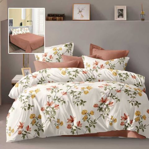 Lenjerie pat dublu Economy 4 piese, cearsaf pat 230x250 cm si pilota 200x230 cm, 2 fete perne 50x70, Floricele Crem / Portocaliu ECN48