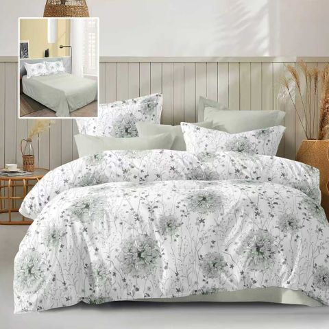 Lenjerie pat dublu Economy 4 piese, cearsaf pat 230x250 cm si pilota 200x230 cm, 2 fete perne 50x70, Eleganta Alb / Verde ECN49