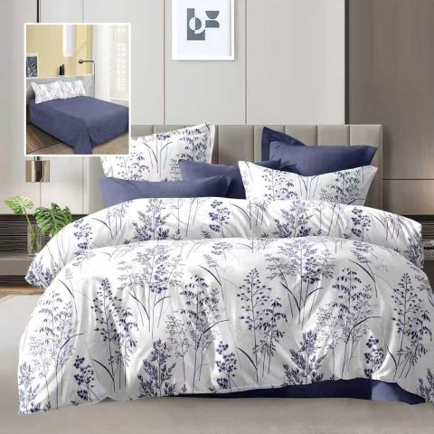 Lenjerie pat dublu Economy 4 piese, cearsaf pat 230x250 cm si pilota 200x230 cm, 2 fete perne 50x70, Pomi Alb / Albastru ECN51