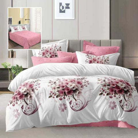 Lenjerie pat dublu Economy 4 piese, cearsaf pat 230x250 cm si pilota 200x230 cm, 2 fete perne 50x70, Buchet floral Alb / Roz ECN53