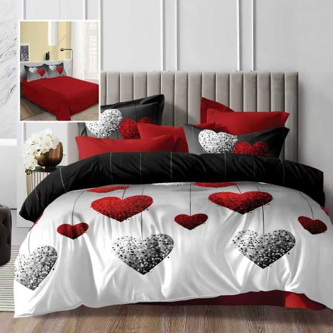 Lenjerie pat dublu Economy 4 piese, cearsaf pat 230x250 cm si pilota 200x230 cm, 2 fete perne 50x70, Inimioare Rosu / Negru ECN56