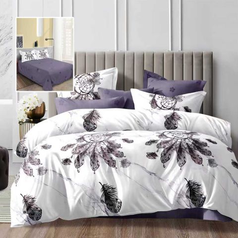 Lenjerie pat dublu Economy 4 piese, cearsaf pat 230x250 cm si pilota 200x230 cm, 2 fete perne 50x70, Pene Alb / Mov ECN57