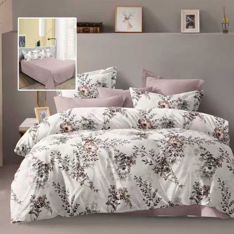 Lenjerie pat dublu Economy 4 piese, cearsaf pat 230x250 cm si pilota 200x230 cm, 2 fete perne 50x70, Ramuri cu flori Roz / Bej ECN58