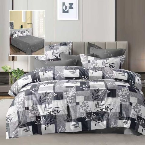 Lenjerie pat dublu Economy 4 piese, cearsaf pat 230x250 cm si pilota 200x230 cm, 2 fete perne 50x70, Frunzulite Alb / Gri ECN60