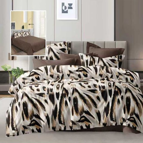 Lenjerie pat dublu Economy 4 piese, cearsaf pat 230x250 cm si pilota 200x230 cm, 2 fete perne 50x70, Animal Print Maro ECN62