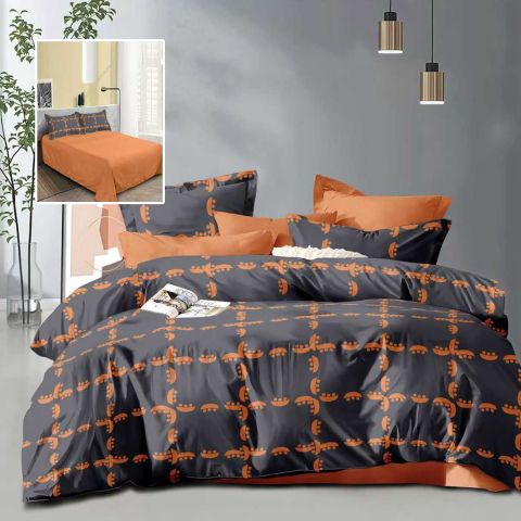 Lenjerie pat dublu Economy 4 piese, cearsaf pat 230x250 cm si pilota 200x230 cm, 2 fete perne 50x70, Eleganta Portocaliu / Negru ECN65