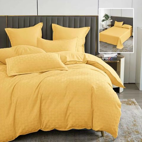 Lenjerie de pat dublu Finet Natur UNI Stripe 6 piese cearsaf pat 230x250 cm, pilota 200x230 cm, 2 fete perna 50x70 si 70x70 cm, Galben, Pucioasa