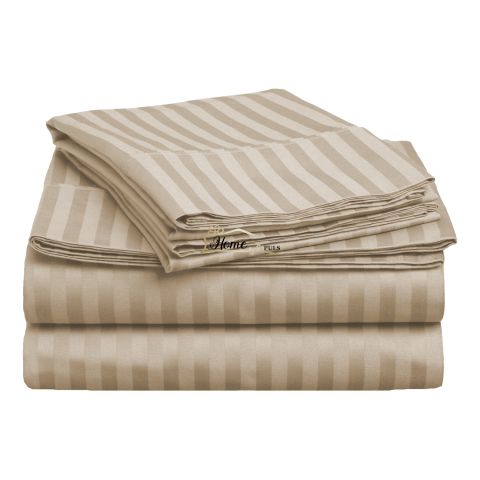 Cearsaf de pat cu elastic Damasc Bumbac 100% dunga 1 cm, 210x250 cm pentru saltea 160x200 cm, Bej Cappuccino
