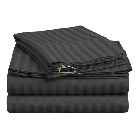 Cearsaf de pat cu elastic Damasc Bumbac 100% dunga 1 cm, 230x250 cm pentru saltea 180x200 cm, Negru