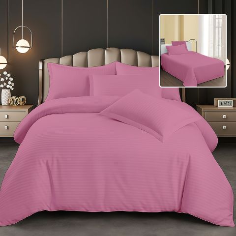 Lenjerie pat dublu 6 piese Damasc Policoton, cearsaf pat 230x250 cm, pilota 200x230 cm, fete perne 50x70 cm si 70x70 cm, dunga 1 cm Roz Burgundi (6DP74) 