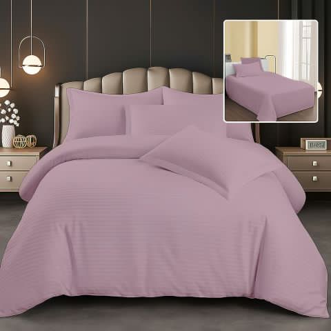 Lenjerie pat dublu 6 piese Damasc Policoton, cearsaf pat 230x250 cm, pilota 200x230 cm, fete perne 50x70 cm si 70x70 cm, dunga 1 cm Lila (6DP75) 