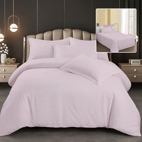 Lenjerie pat dublu 6 piese Damasc Policoton, cearsaf pat 230x250 cm, pilota 200x230 cm, fete perne 50x70 cm si 70x70 cm, dunga 1 cm Lila Deschis (6DP76) 