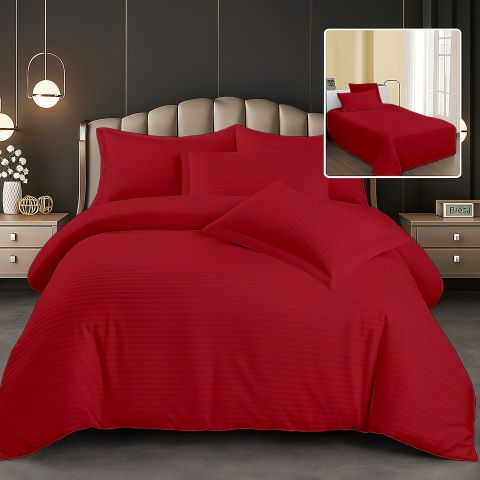 Lenjerie pat dublu 6 piese Damasc Policoton, cearsaf pat 230x250 cm, pilota 200x230 cm, fete perne 50x70 cm si 70x70 cm, dunga 1 cm Roșu (6DP77) 
