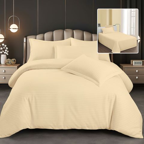 Lenjerie pat dublu 6 piese Damasc Policoton, cearsaf pat 230x250 cm, pilota 200x230 cm, fete perne 50x70 cm si 70x70 cm, dunga 1 cm Galben (6DP78) 