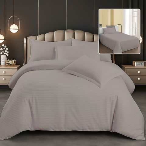 Lenjerie pat dublu 6 piese Damasc Policoton, cearsaf pat 230x250 cm, pilota 200x230 cm, fete perne 50x70 cm si 70x70 cm, dunga 1 cm Maro (6DP80) 