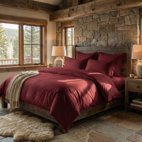 Lenjerie pat dublu 6 piese Damasc Policoton, cearsaf pat 230x250 cm, pilota 200x230 cm, fete perne 50x70 cm si 70x70 cm, dunga 1 cm Rosu Visiniu