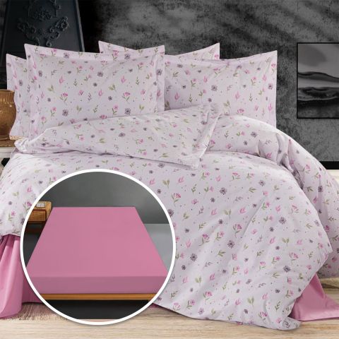 Lenjerie pat Ranforce Bumbac 100% cu husa pentru saltea de 140/160cm x 200cm, pilota 200x230 cm, 2 fete perne 50x70 cm, Roz, Pucioasa