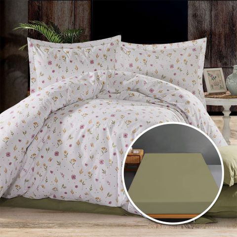 Lenjerie pat Ranforce Bumbac 100% cu husa pentru saltea de 140/160cm x 200cm, pilota 200x230 cm, 2 fete perne 50x70 cm, Roz / Verde, Pucioasa