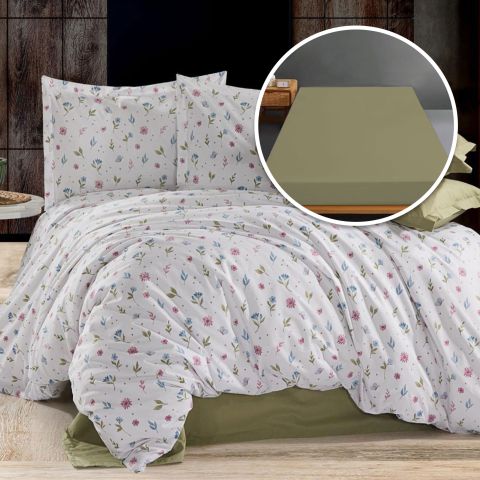 Lenjerie pat Ranforce Bumbac 100% cu husa pentru saltea de 140/160cm x 200cm, pilota 200x230 cm, 2 fete perne 50x70 cm, Verde , Pucioasa