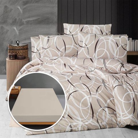 Lenjerie pat Ranforce Bumbac 100% cu husa pentru saltea de 140/160cm x 200cm, pilota 200x230 cm, 2 fete perne 50x70 cm, Bej / Maro, Pucioasa