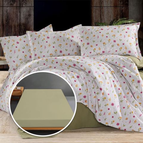 Lenjerie pat Ranforce Bumbac 100% cu husa pentru saltea de 140/160cm x 200cm, pilota 200x230 cm, 2 fete perne 50x70 cm, Alb / Verde, Pucioasa