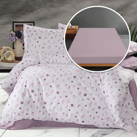 Lenjerie pat Ranforce Bumbac 100% cu husa pentru saltea de 140/160cm x 200cm, pilota 200x230 cm, 2 fete perne 50x70 cm, Alb / Lila, Pucioasa