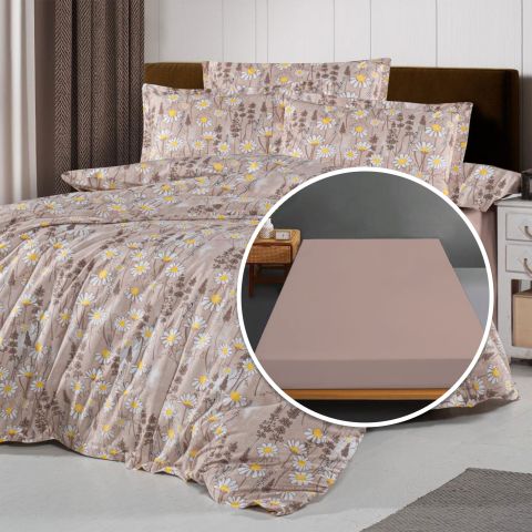 Lenjerie pat Ranforce Bumbac 100% cu husa pentru saltea de 140/160cm x 200cm, pilota 200x230 cm, 2 fete perne 50x70 cm, Maro, Pucioasa