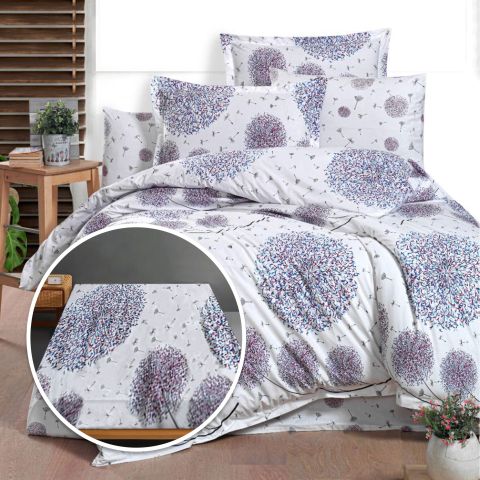 Lenjerie pat Ranforce Bumbac 100% cu husa pentru saltea de 140/160cm x 200cm, pilota 200x230 cm, 2 fete perne 50x70 cm, Alb / Mov, Pucioasa