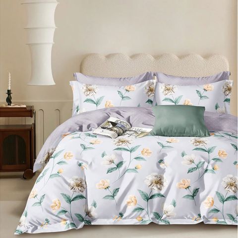 Lenjerie pat dublu 6 piese Percale Bumbac 100%, 6 piese, cu husa saltea 160x200 sau 180x200 cm, pilota 200x230 cm, 2 fete perna 50x70 cm si 70x70 cm, Flori Albastru / Verde, Pucioasa