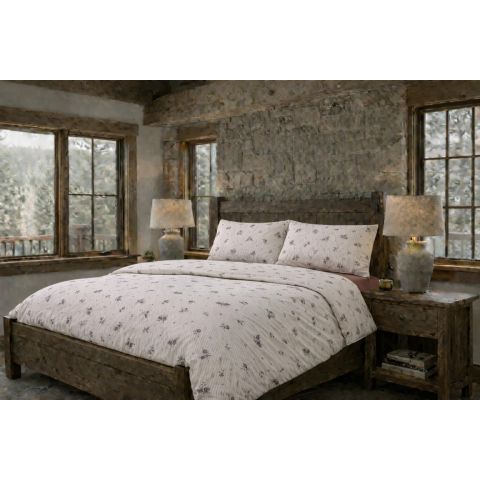 Lenjerie pat Tricot Bumbac 100% cu husă pentru saltea de 160/180cm x 200cm, pilotă 200x230 cm, 2 fețe perne 50x70 cm, Crem / Mov, Pucioasa, Răsfăț Natural