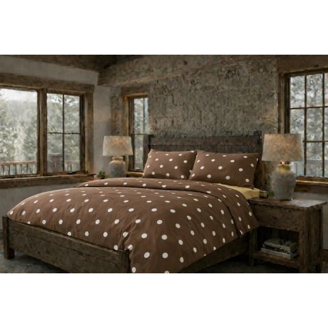 Lenjerie pat Tricot Bumbac 100% cu husă pentru saltea de 160/180cm x 200cm, pilotă 200x230 cm, 2 fețe perne 50x70 cm, Alb / Maro, Pucioasa, Răsfăț Natural