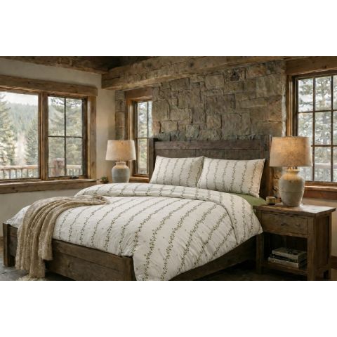 Lenjerie pat Tricot Bumbac 100% cu husă pentru saltea de 160/180cm x 200cm, pilotă 200x230 cm, 2 fețe perne 50x70 cm, Crem / Verde, Pucioasa, Răsfăț Natural