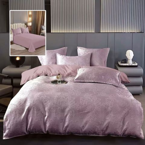Lenjerie pat dublu Jacquard 6 piese, cearșaf pat 230x250 cm, pilotă 200x230 cm, 2 fețe perne 50x70 și 70x70 cm, Clasy, Mov