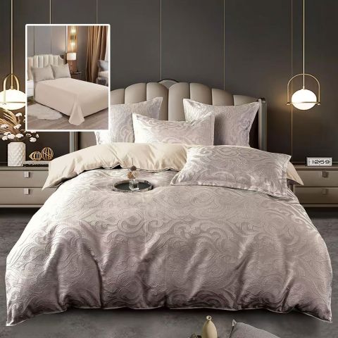 Lenjerie pat dublu Jacquard 6 piese, cearșaf pat 230x250 cm, pilotă 200x230 cm, 2 fețe perne 50x70 și 70x70 cm, Clasy, Cappuccino V1