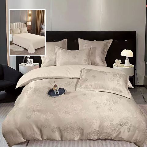 Lenjerie pat dublu Jacquard 6 piese, cearșaf pat 230x250 cm, pilotă 200x230 cm, 2 fețe perne 50x70 și 70x70 cm, Clasy, Crem