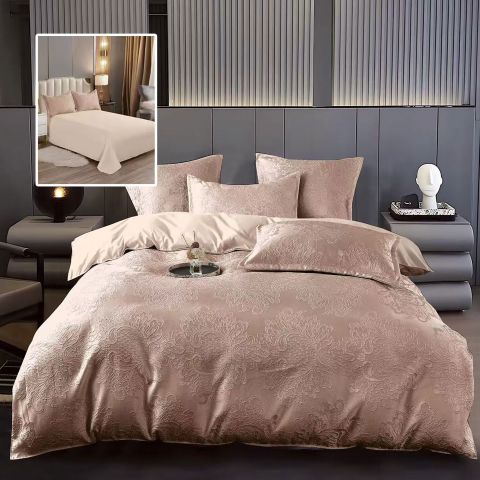 Lenjerie pat dublu Jacquard 6 piese, cearșaf pat 230x250 cm, pilotă 200x230 cm, 2 fețe perne 50x70 și 70x70 cm, Clasy, Cappuccino