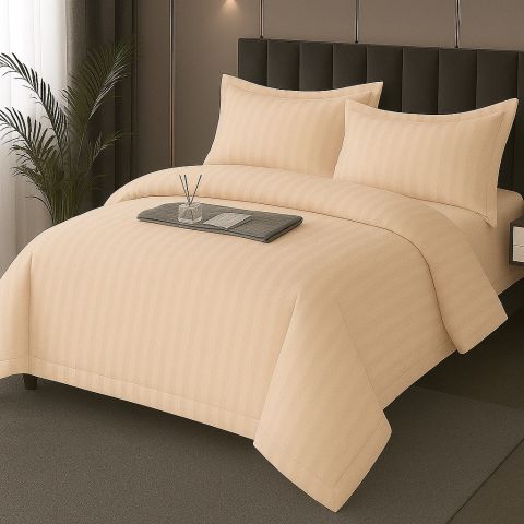Lenjerie pat Damasc Policoton XXL - Super Preț, cearșaf 230x260 cm, pilotă 200x230 cm, 2 fețe perne 50x70 cm, Bej