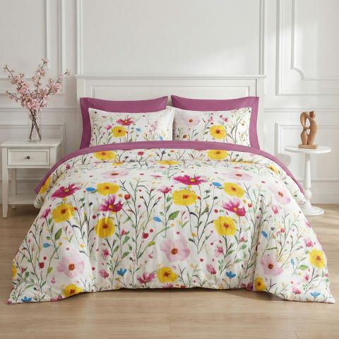 Lenjerie pat bumbac Finet 6 piese cu desen PROMO, husă saltea 160x200 sau 180x200 cm, pilotă 200x220 cm, 2 fețe pernă 50x70 și 70x70 cm, Mov Închis, Pucioasa