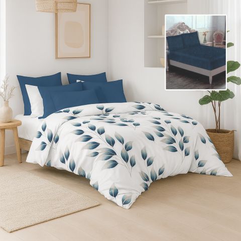 Lenjerie pat bumbac Finet 6 piese PROMO cu husă saltea 160x200 sau 180x200 cm, pilotă 200x220 cm, 2 fețe pernă 50x70 și 70x70 cm, Albastru Inchis, Pucioasa 