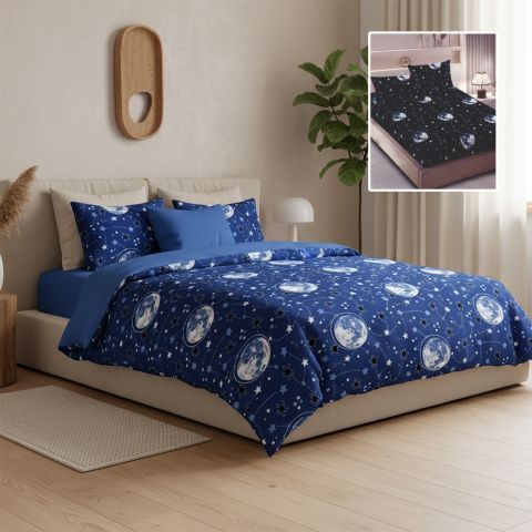 Lenjerie pat bumbac Finet 6 piese cu desen PROMO, husă saltea 160x200 sau 180x200 cm, pilotă 200x220 cm, 2 fețe pernă 50x70 și 70x70 cm, Albastru Inchis, Pucioasa