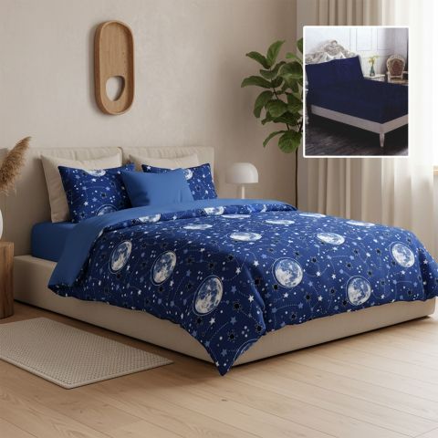 Lenjerie pat bumbac Finet 6 piese PROMO cu husă saltea 160x200 sau 180x200 cm, pilotă 200x220 cm, 2 fețe pernă 50x70 și 70x70 cm, Albastru Bleu, Pucioasa 