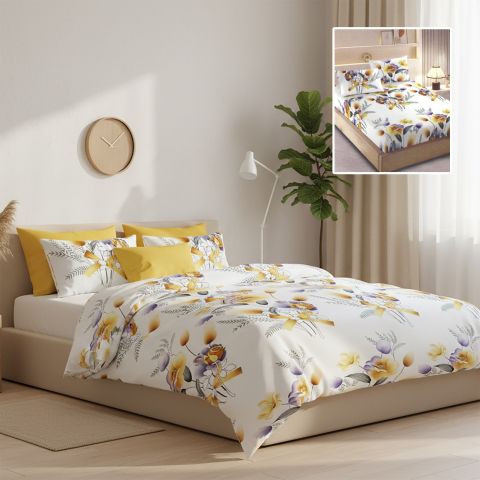 Lenjerie pat bumbac Finet 6 piese cu desen PROMO, husă saltea 160x200 sau 180x200 cm, pilotă 200x220 cm, 2 fețe pernă 50x70 și 70x70 cm, Galben, Pucioasa