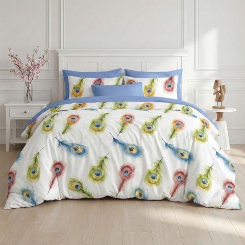 Lenjerie pat bumbac Finet 6 piese cu desen PROMO, husă saltea 160x200 sau 180x200 cm, pilotă 200x220 cm, 2 fețe pernă 50x70 și 70x70 cm, Albastru Bleu, Pucioasa 