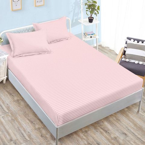 Set husă pat damasc policoton + 2 fețe perne pentru saltea de 160x200 sau 180x200 cm, Roz Pudră