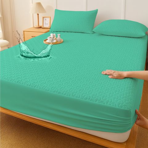 Husă protecție pat matlasată impermeabilă pentru saltea de 140x200, cu 2 fete de perna 50x70 cm Verde Mint