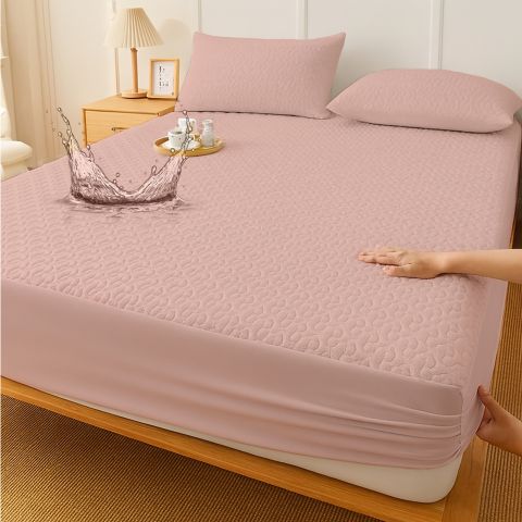 Husă protecție pat matlasată impermeabilă pentru saltea de 180x200, cu 2 fețe de pernă 50x70 cm Roz